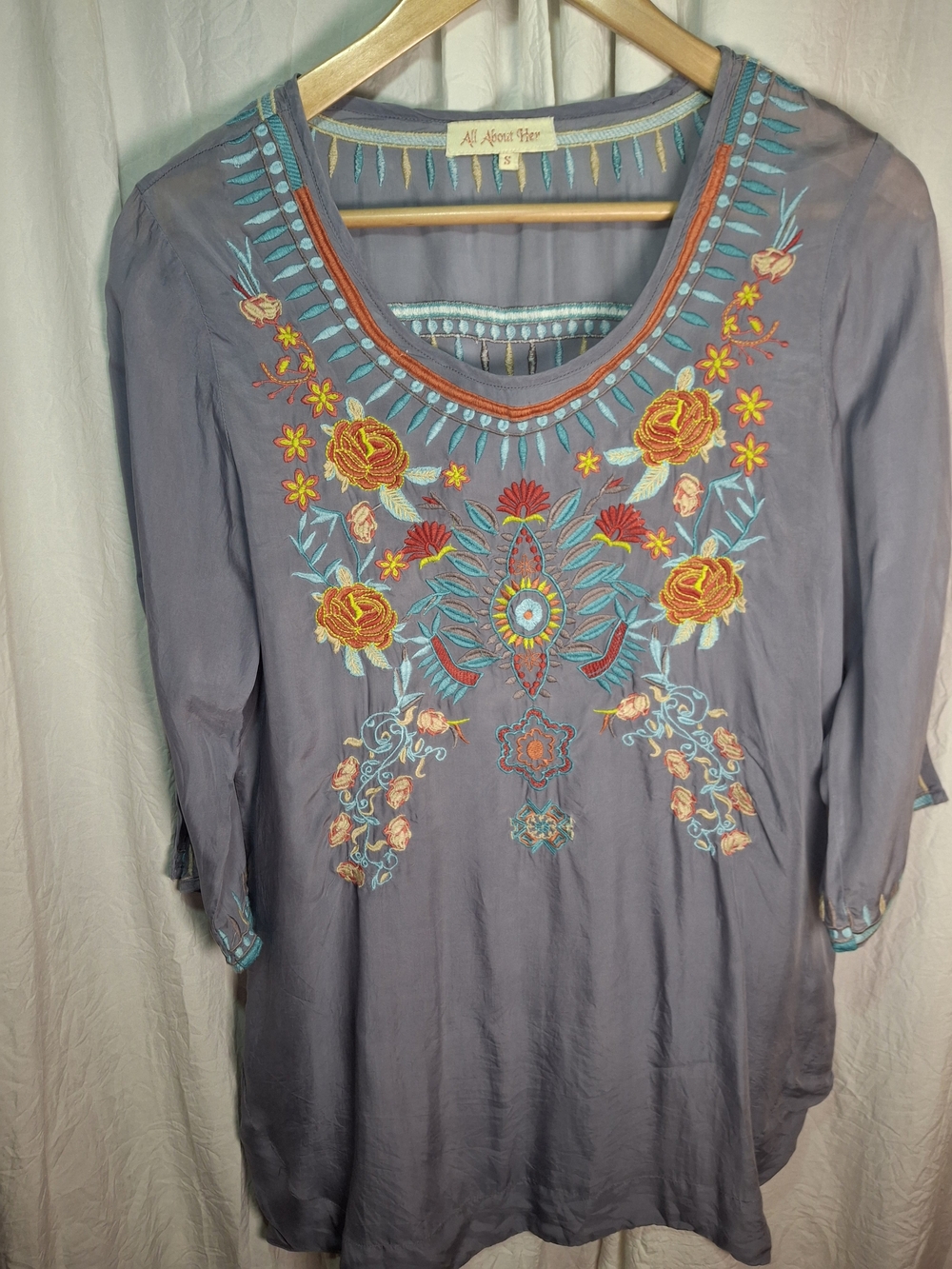 All About Her Gray Embroidered Floral Tunic